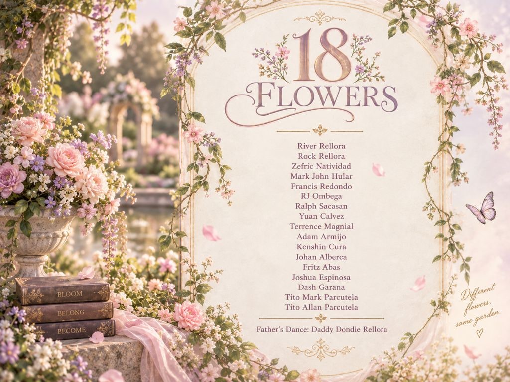 18 Flowers: River Rellora, Rock Rellora, Zefric Natividad, Mark John Hular, Francis Redondo, RJ Ombega, Ralph Sacasan, Yuan Calvez, Terrence Magnial, Adam Armijo, Kenshin Cura, Johan Alberca, Fritz Abas, Joshua Espinosa, Dash Garana, Tito Mark Parcutela, Tito Allan Parcutela, Father's Dance: Daddy Dondie Rellora