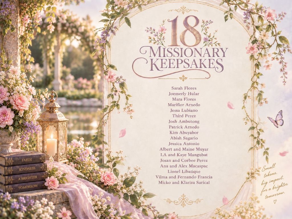 18 Missionary Keepsakes: Sarah Flores, Joemerly Hular, Mara Flores, Mariflor Arnedo, Jessa Lubiano, Third Perez, Josh Ambutong, Patrick Arnedo, Kim Abuyabor, Abish Sagario, Jessica Antonio, Albert and Maine Muyar, LA and Kaye Mangubat, Josan and Corbee Perez, Ana and Alex Macaspac, Lionel Libatique, Vilma and Fernando Francia, Micko and Klariza Sarical