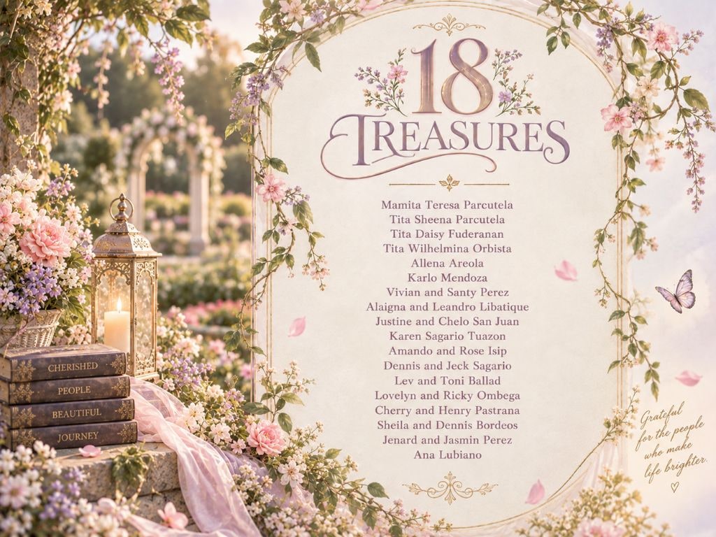18 Treasures: Mamita Teresa Parcutela, Tita Sheena Parcutela, Tita Daisy Fuderanan, Tita Wilhelmina Orbista, Allena Areola, Karlo Mendoza, Vivian and Santy Perez, Alaigna and Leandro Libatique, Justine and Chelo San Juan, Karen Sagario Tuazon, Amando and Rose Isip, Dennis and Jeck Sagario, Lev and Toni Ballad, Lovelyn and Ricky Ombega, Cherry and Henry Pastrana, Sheila and Dennis Bordeos, Jenard and Jasmin Perez, Ana Lubiano